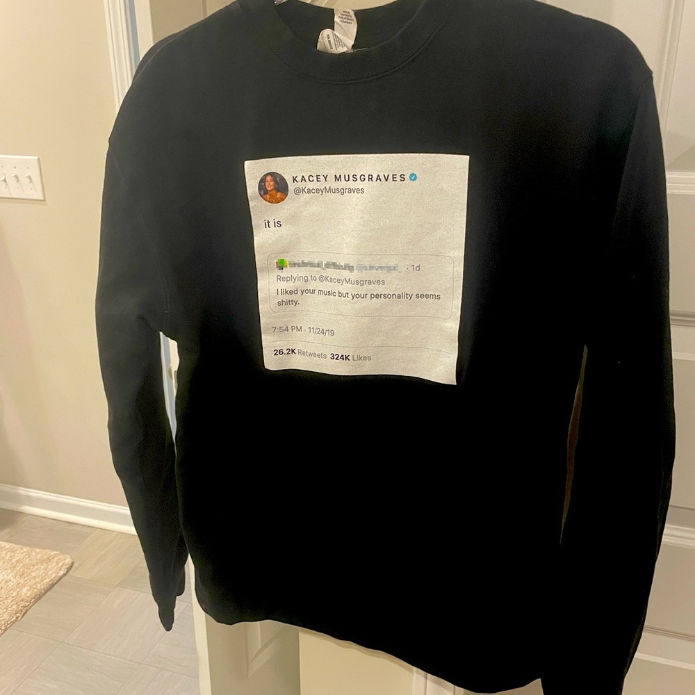 Official Kacey Musgraves merch sweatshirt featuring a graphic of her tweet